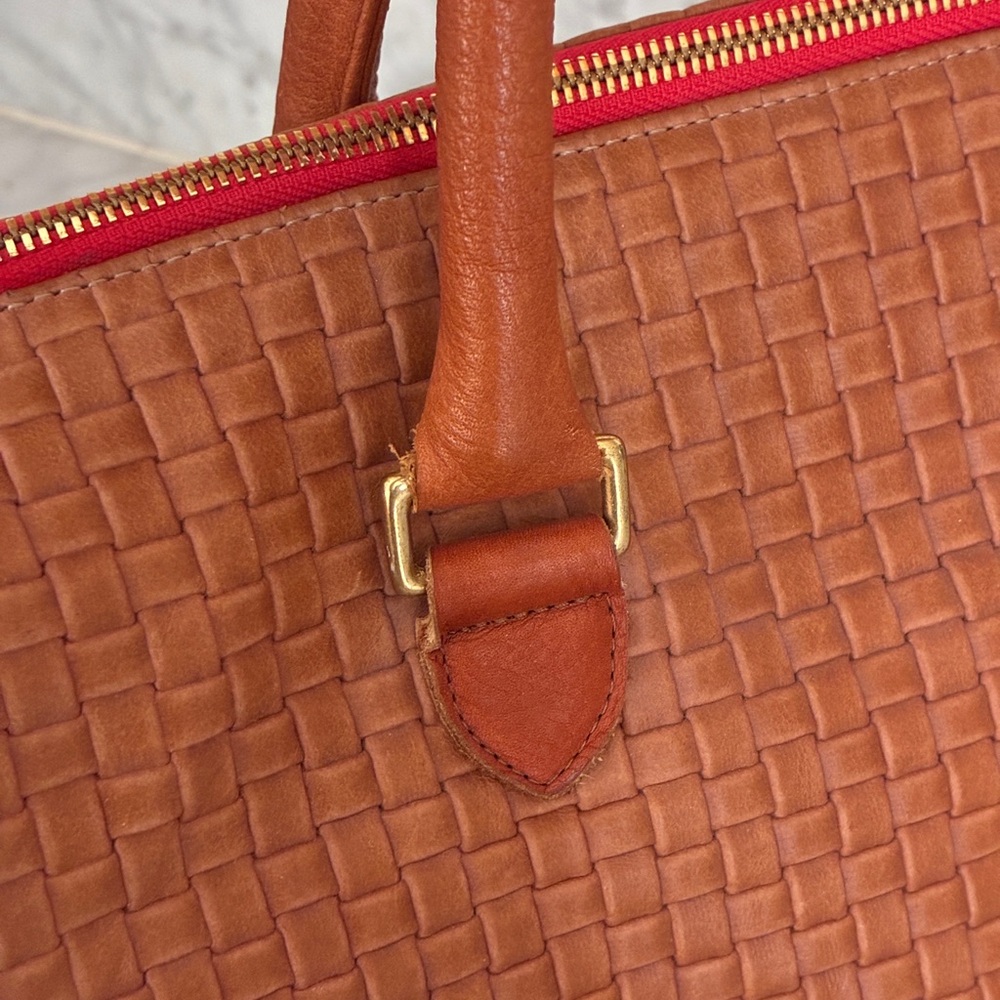 Authentic Clare V. Woven Leather Satchel Handbag in Cognac - Picture 8 of 14